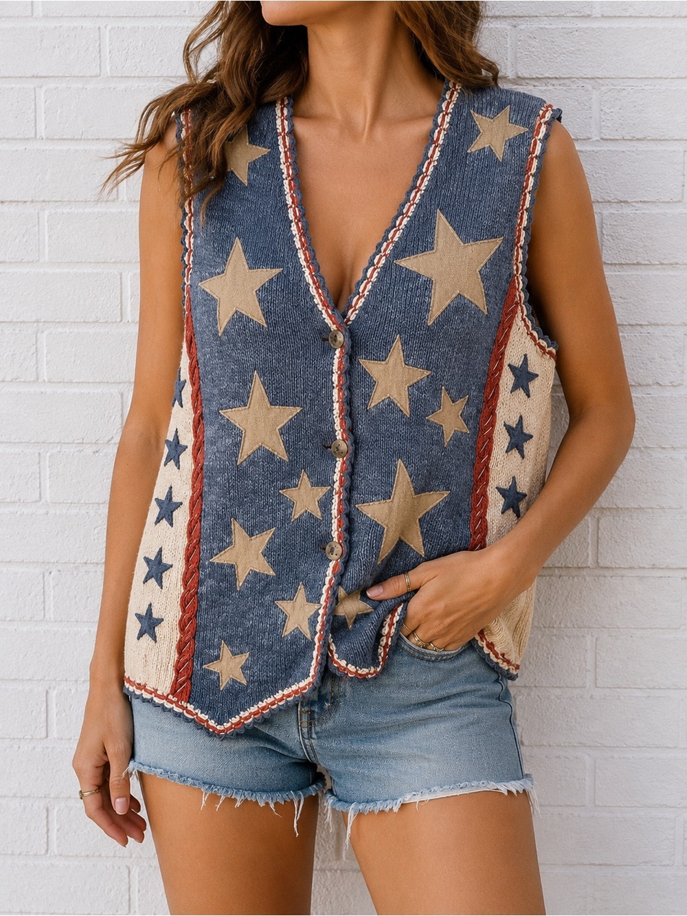 Vintage Cambridge Country Store Americana Star Knit Vest Red White Blue Small